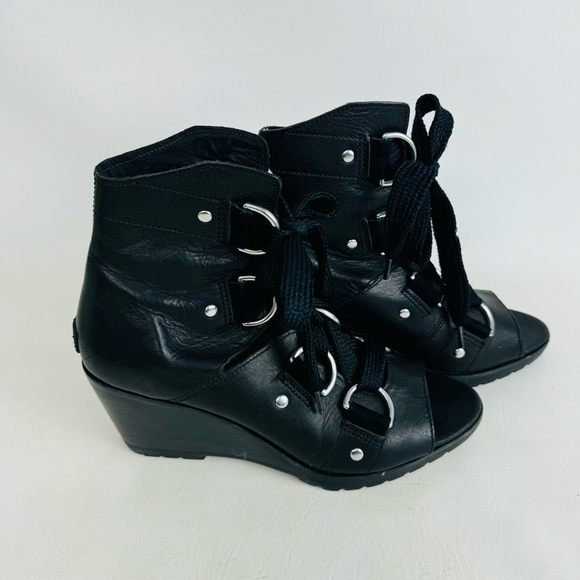 Sorel After Hours Lace Up Peep Toe Black Leather Wedge Bootie Shoe Size 9.5 - Picture 5 of 13
